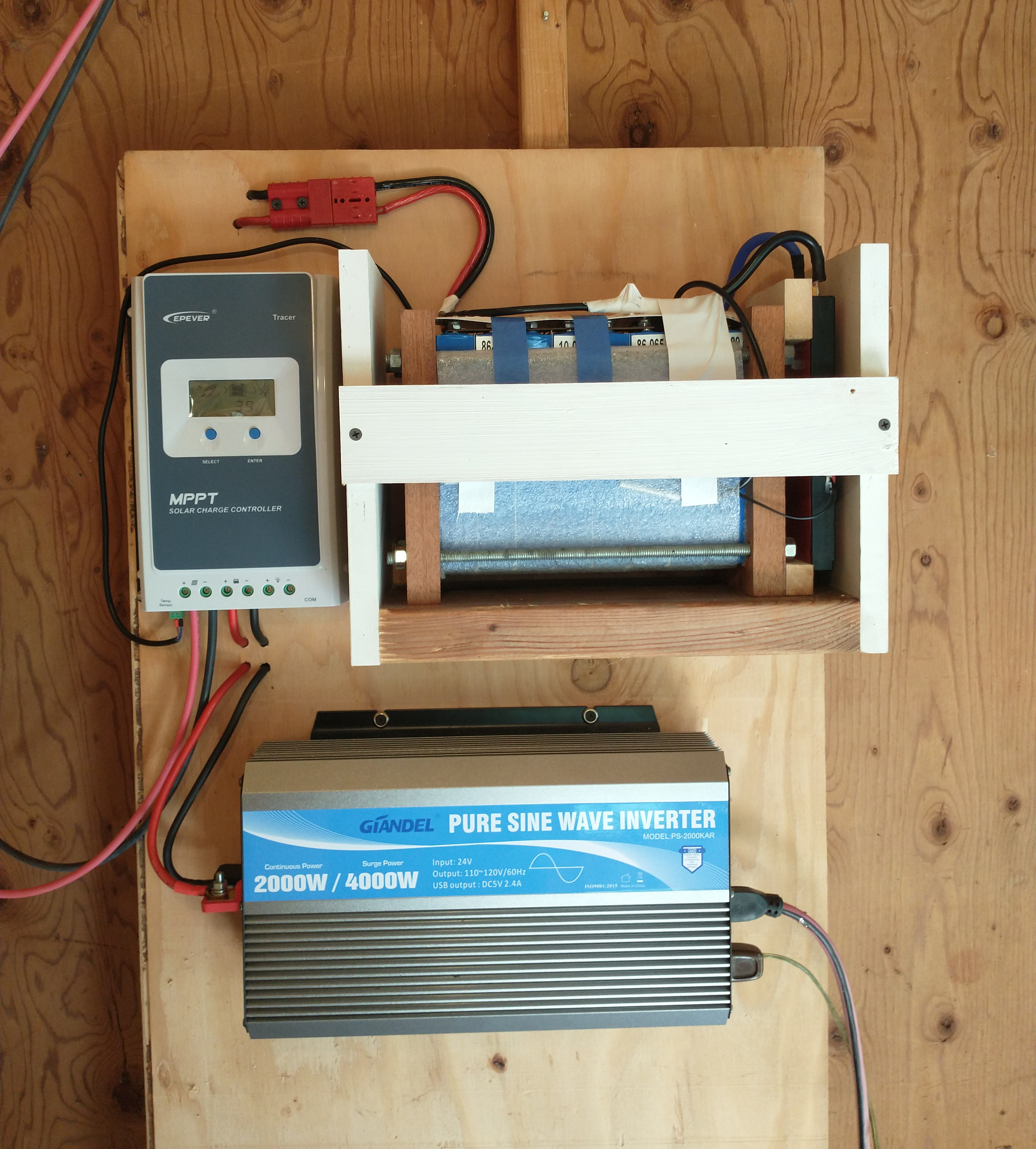 charge controller, battery, and inverter mounted to plywood